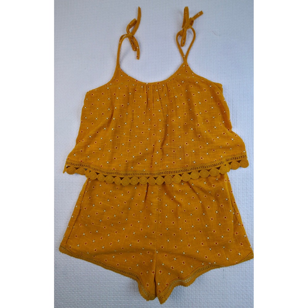 Aerie Romper Women XS Yellow Floral Crochet Trim Excellent